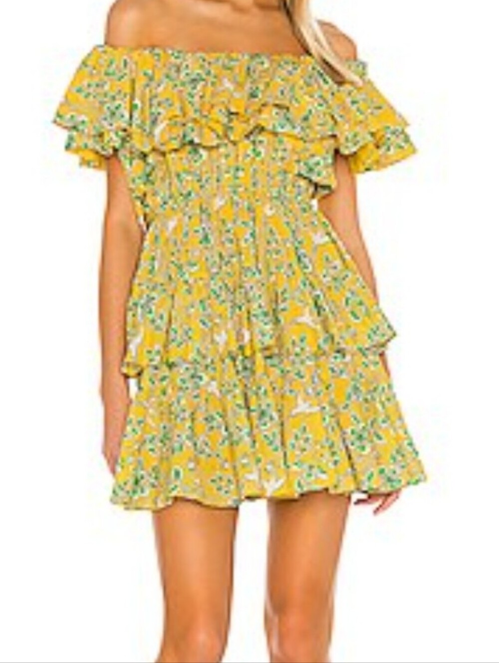 Rhode Dotty Ruffled Off the Shoulder Mini Dress L Yellow Eden Bird Print